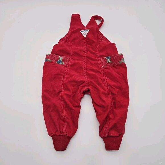 OshKosh Overalls Red Corduroy Baby 24 Months Bear Plaid Snap Button Vintage Rare - Picture 5 of 10